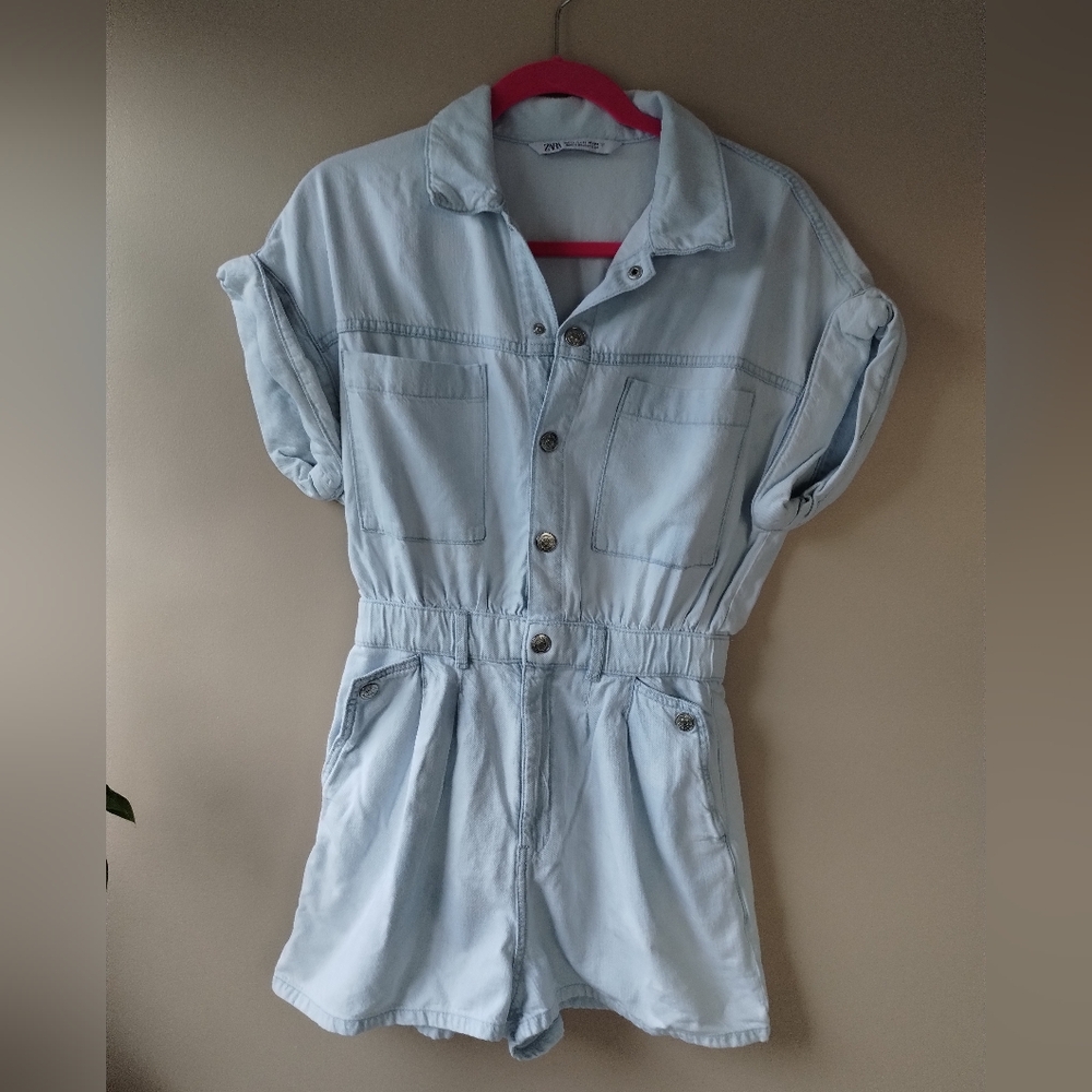 Zara Soft Blue Denim Romper XS